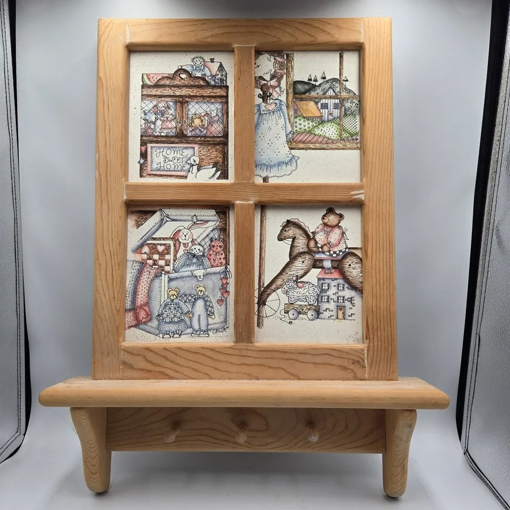Vtg Home‎ Decor wall mounted wooden rack window Pane Design W Hooks Grandmacore